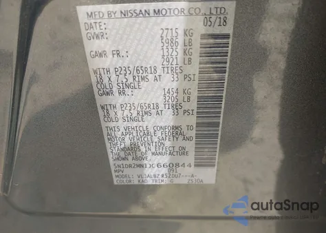 2018 Nissan Pathfinder S/Sv/Sl/Platinum z USA, uszkodzony, nr VIN 5N1DR2MN1JC660844